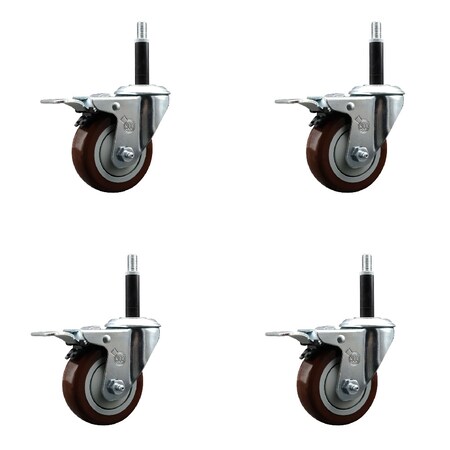 Service Caster 3.5'' SS Maroon Poly Swivel 3/4'' Expanding Stem Caster Set Total Lock Brake, 4PK SCC-SSEXTTL20S3514-PPUB-MRN-34-4